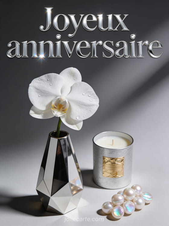 Texte Joyeux anniversaire en lettres argentées avec un vase design contenant une orchidée blanche une bougie et des perles sur fond gris anthracite
