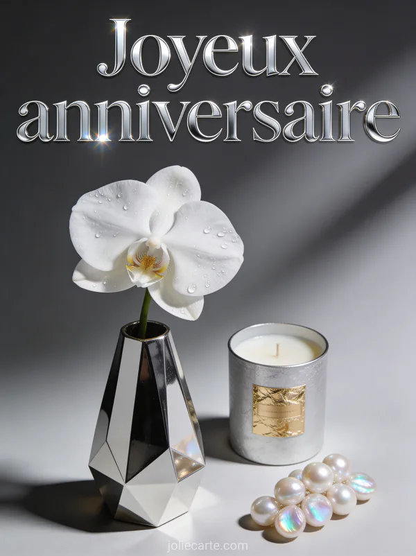 Texte Joyeux anniversaire en lettres argentées avec un vase design contenant une orchidée blanche une bougie et des perles sur fond gris anthracite