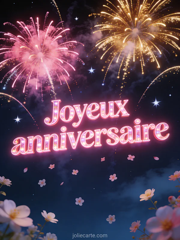 Texte Joyeux anniversaire en lettres roses lumineuses avec des feux d'artifice roses et dorés des étoiles filantes et des fleurs tombant du ciel