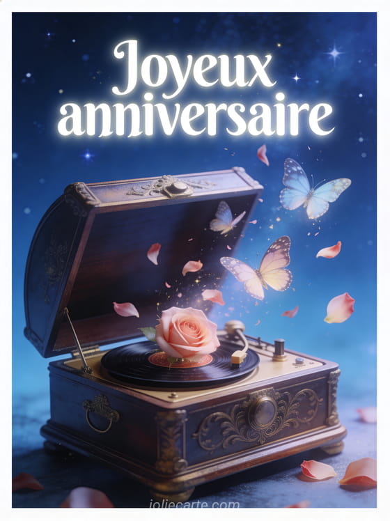 Texte Joyeux anniversaire en lettres blanches lumineuses avec une boîte à musique ouverte laissant s'échapper des papillons et pétales de rose