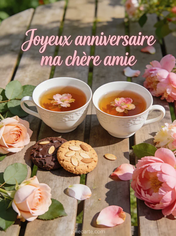 Texte Joyeux anniversaire ma chère amie en calligraphie rose tendre avec deux tasses de thé fleuries et des biscuits dans un jardin