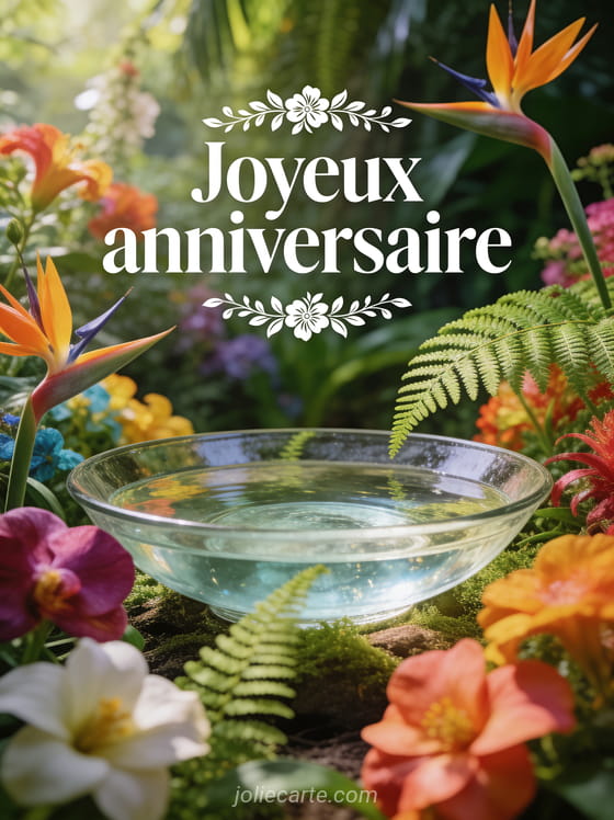 Texte Joyeux anniversaire en lettres blanches avec bordure florale dans un jardin botanique luxuriant avec des fleurs exotiques et fougères