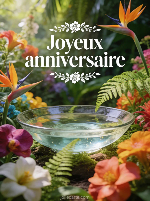 Texte Joyeux anniversaire en lettres blanches avec bordure florale dans un jardin botanique luxuriant avec des fleurs exotiques et fougères