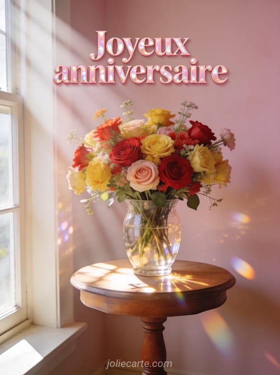 Texte Joyeux anniversaire en lettres rose poudré nacrées avec un bouquet de fleurs variées dans un vase en verre avec des rayons de soleil
