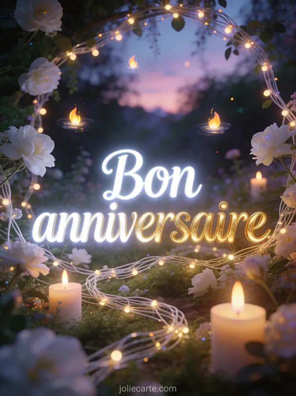 Texte Bon anniversaire en lettres lumineuses blanches et dorées dans un jardin enchanté avec des guirlandes des fleurs blanches et des bougies