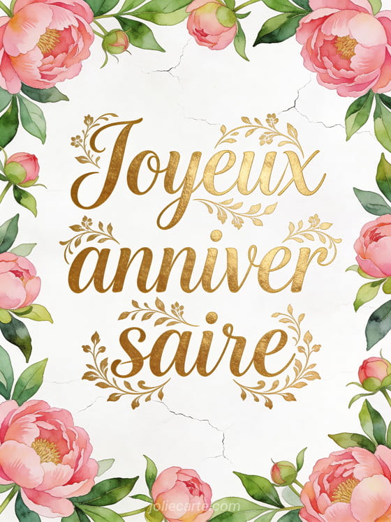 Texte Joyeux anniversaire en lettres dorées calligraphiées avec des pivoines roses et feuilles vertes en aquarelle sur fond blanc cassé texturé