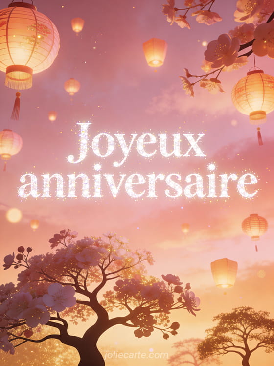Texte Joyeux anniversaire en lettres blanches brillantes pailletées avec des lanternes chinoises lumineuses et des arbres en fleurs au premier plan