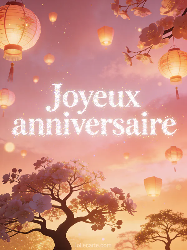 Texte Joyeux anniversaire en lettres blanches brillantes pailletées avec des lanternes chinoises lumineuses et des arbres en fleurs au premier plan