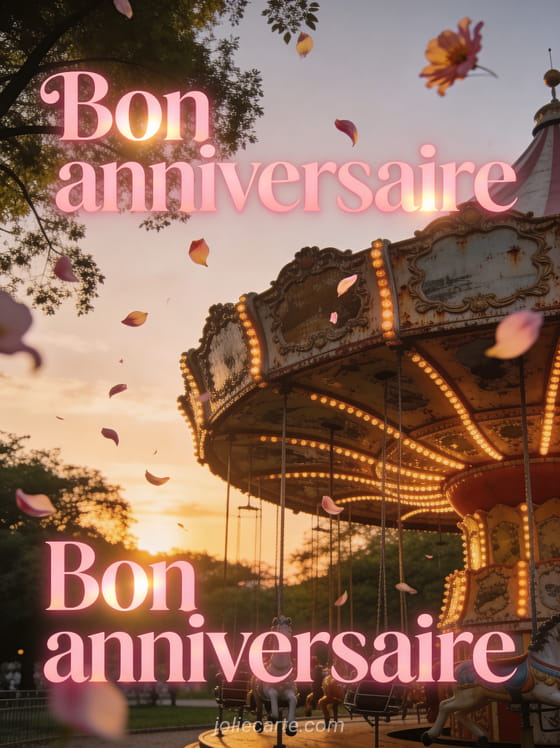 Texte Bon anniversaire en lettres roses avec un manège ancien illuminé au coucher du soleil et des pétales de fleur volant dans les airs