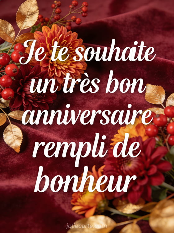 Texte Je te souhaite un très bon anniversaire rempli de bonheur en calligraphie blanche sur fond bordeaux avec des chrysanthèmes et baies rouges