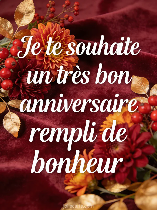 Texte Je te souhaite un très bon anniversaire rempli de bonheur en calligraphie blanche sur fond bordeaux avec des chrysanthèmes et baies rouges