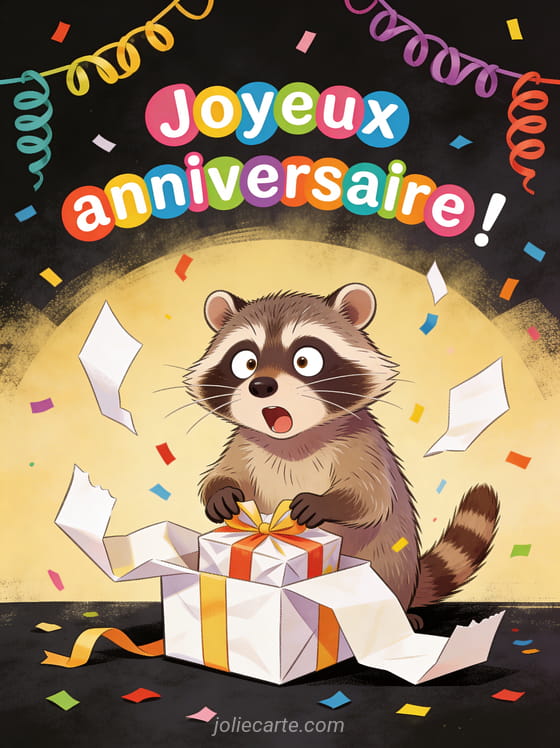 Texte Joyeux anniversaire en lettres rondes colorées avec un raton laveur déballant un cadeau avec du papier qui vole et des guirlandes festives