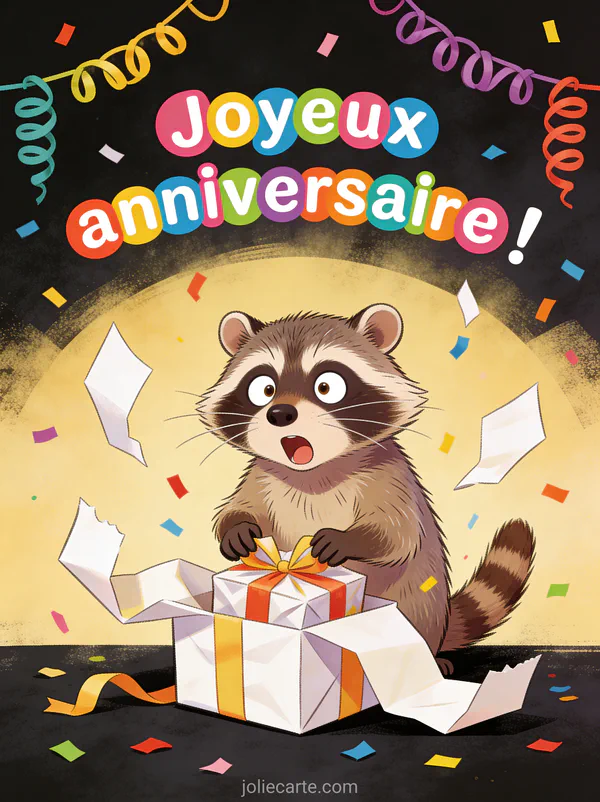 Texte Joyeux anniversaire en lettres rondes colorées avec un raton laveur déballant un cadeau avec du papier qui vole et des guirlandes festives