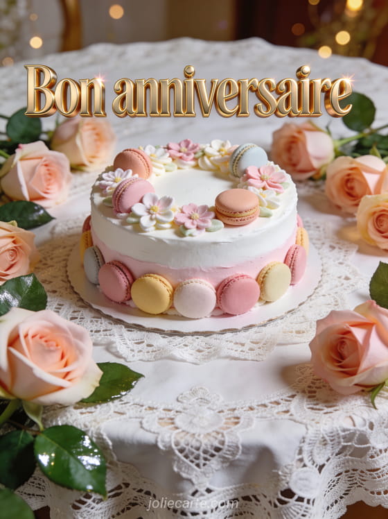 Texte Bon anniversaire en lettres dorées 3D avec un gâteau blanc et rose décoré de fleurs en sucre et macarons entouré de roses fraîches