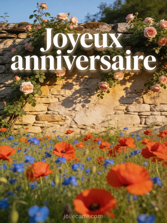 Texte Joyeux anniversaire en lettres blanches avec un paysage de campagne française un champ de coquelicots et un mur de pierre couvert de rosiers