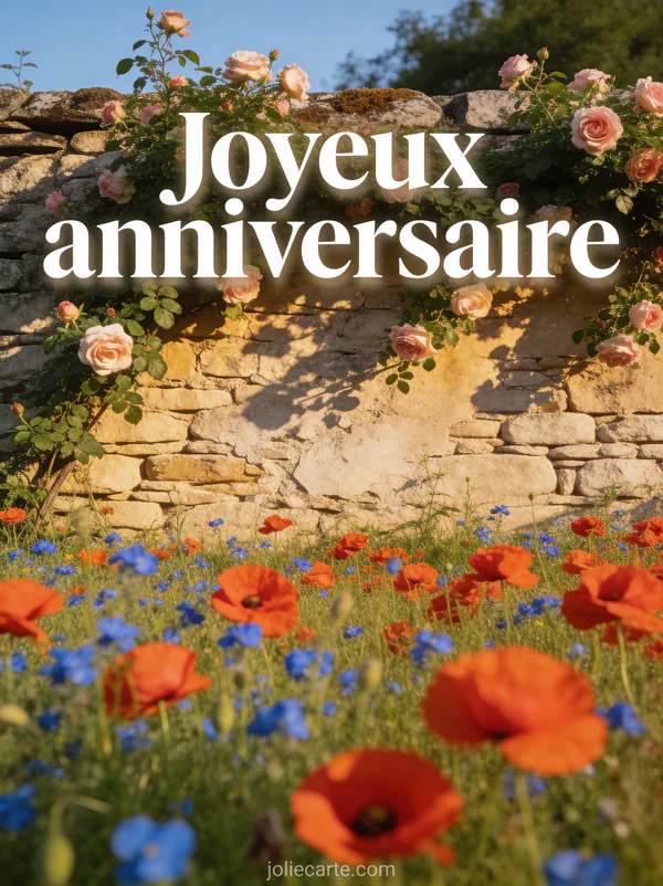 Texte Joyeux anniversaire en lettres blanches avec un paysage de campagne française un champ de coquelicots et un mur de pierre couvert de rosiers