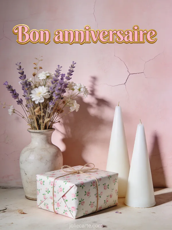 Texte Bon anniversaire en lettres rose ancien avec un vase de fleurs séchées des bougies et un cadeau emballé en papier fleuri sur fond rose pâle