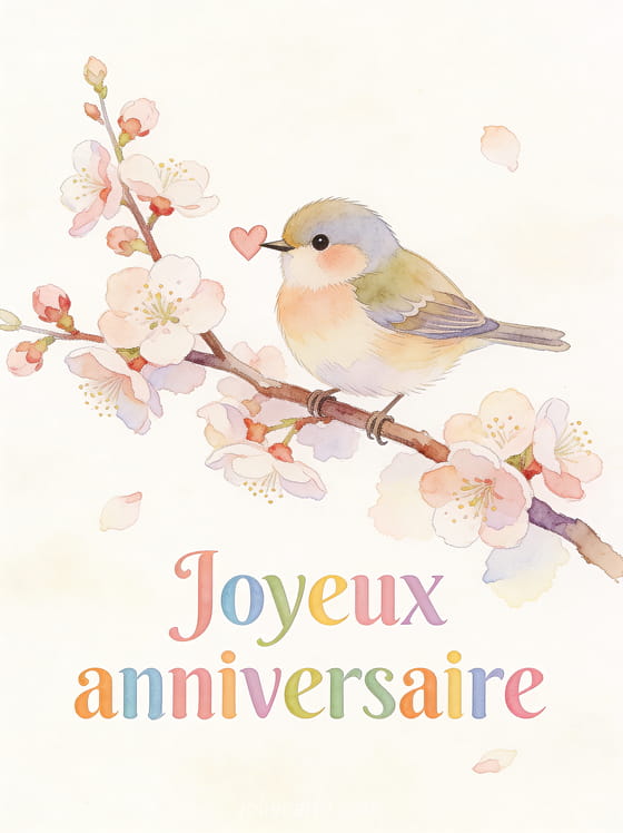 Texte Joyeux anniversaire en lettres colorées style crayon aquarellé avec un petit oiseau sur une branche de cerisier tenant un coeur