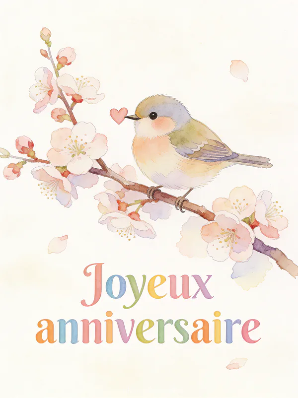 Texte Joyeux anniversaire en lettres colorées style crayon aquarellé avec un petit oiseau sur une branche de cerisier tenant un coeur