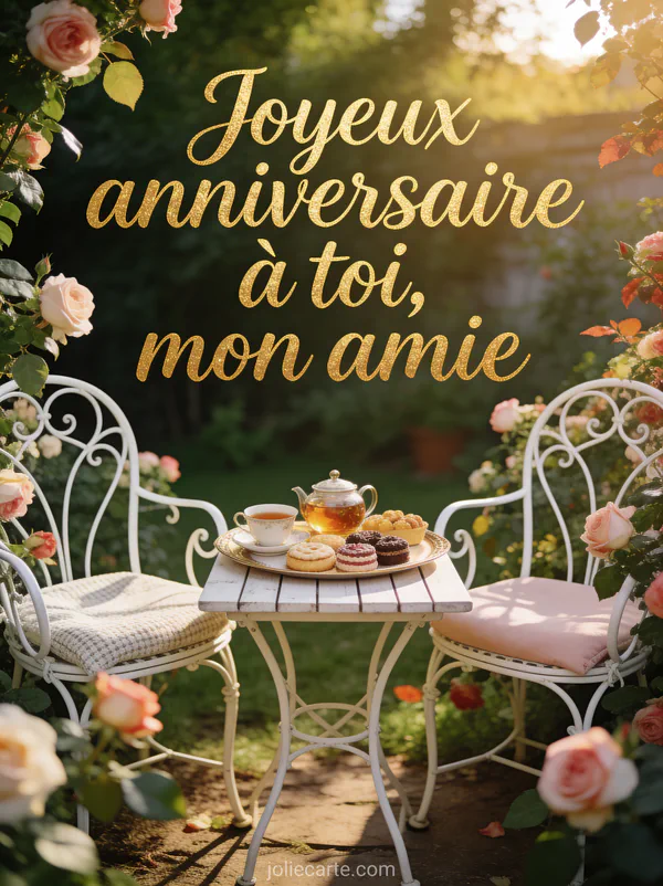 Texte Joyeux anniversaire à toi mon amie en calligraphie dorée avec deux chaises de jardin entourées de rosiers un plateau de thé et pâtisseries