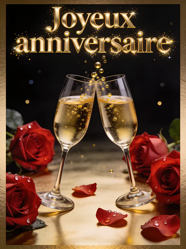 Texte Joyeux anniversaire en lettres dorées pétillantes avec deux coupes de champagne qui trinquent des bulles dorées et des roses rouges sur fond noir