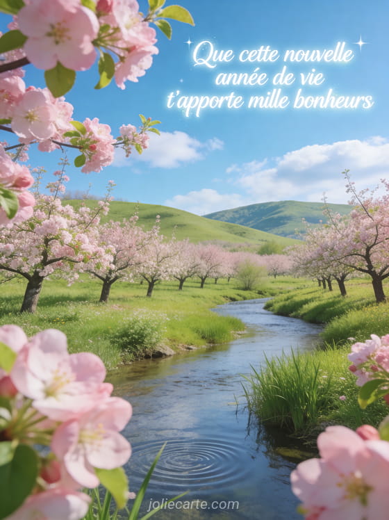 Texte Que cette nouvelle année de vie t'apporte mille bonheurs en calligraphie blanche sur un paysage de verger en fleurs avec collines verdoyantes