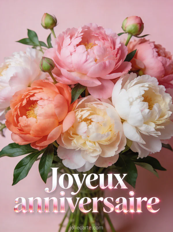 Texte Joyeux anniversaire en lettres blanches avec reflets rosés et un bouquet luxueux de pivoines rose corail et crème en gros plan