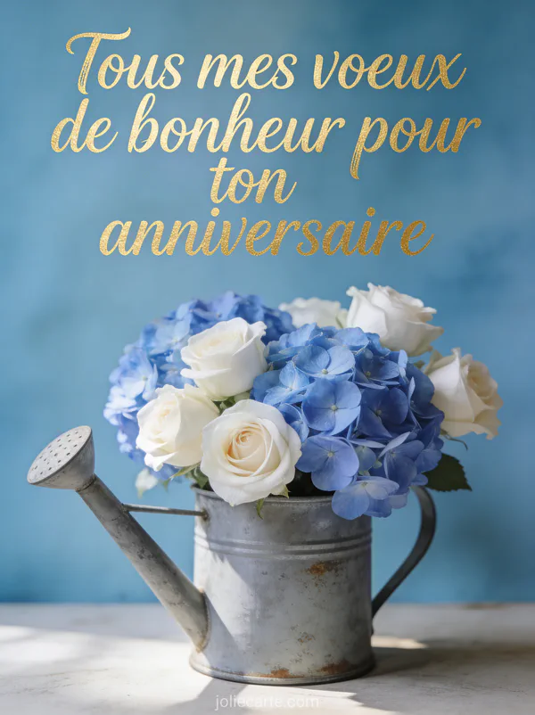 Texte Tous mes voeux de bonheur pour ton anniversaire en calligraphie dorée avec des hortensias bleus et roses blanches dans un arrosoir en zinc