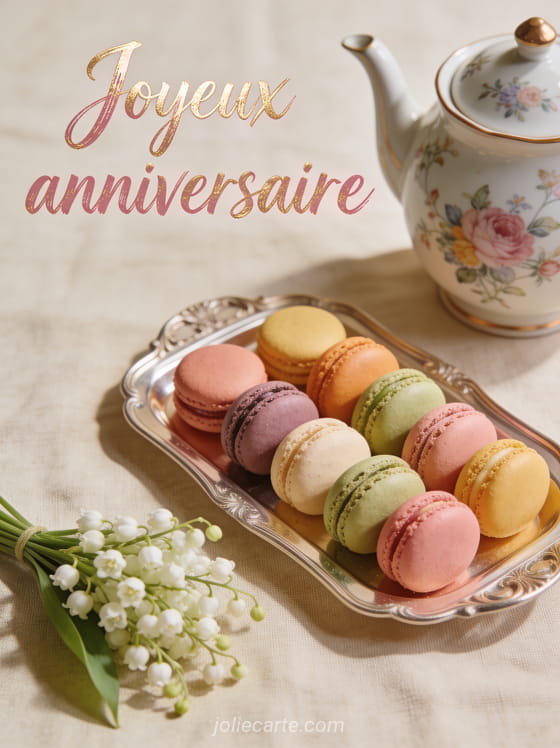 Texte Joyeux anniversaire en lettres rose gold calligraphiées avec des macarons colorés une théière fleurie et un bouquet de muguet sur lin beige