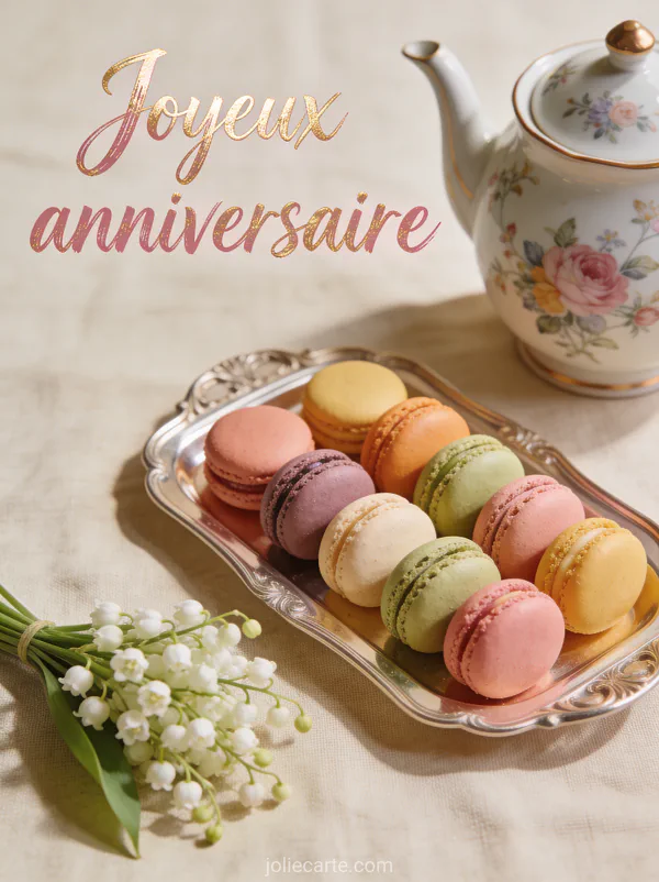 Texte Joyeux anniversaire en lettres rose gold calligraphiées avec des macarons colorés une théière fleurie et un bouquet de muguet sur lin beige