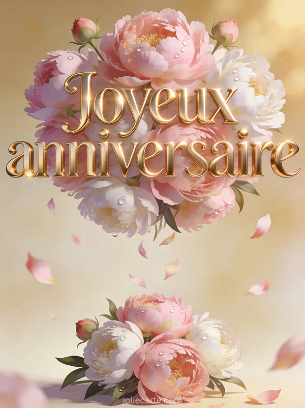 Lettres dorées élégantes Joyeux anniversaire entourées d'un bouquet de pivoines roses et blanches sur fond crème