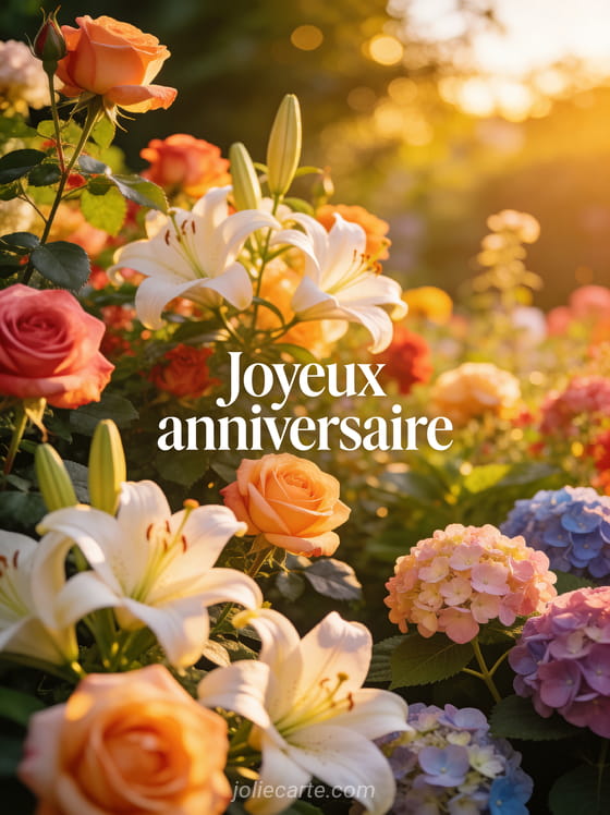 Texte Joyeux anniversaire en lettres blanches sur fond de jardin fleuri luxuriant avec roses, lys et hortensias en lumière dorée