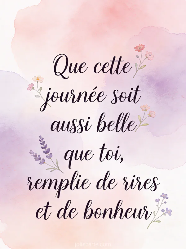 Texte manuscrit élégant sur fond aquarelle pastel rose et lavande avec des fleurs sauvages parsémées