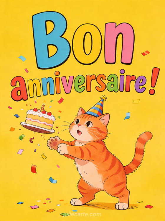 Chat roux avec chapeau de fête qui fait tomber un gâteau entouré de confettis avec texte Bon anniversaire