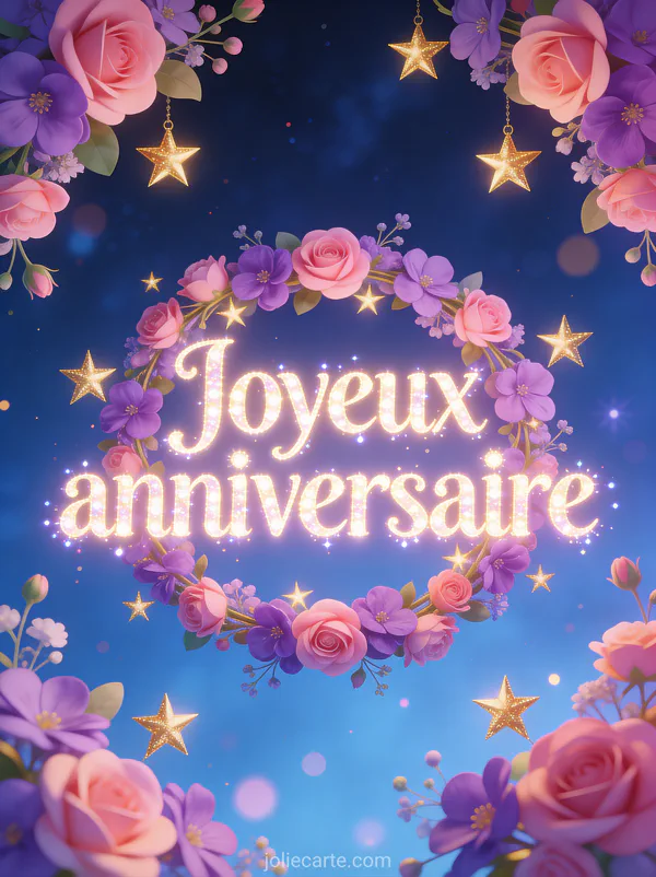Lettres lumineuses scintillantes Joyeux anniversaire avec étoiles dorées et guirlandes de fleurs roses et violettes sur fond bleu nuit