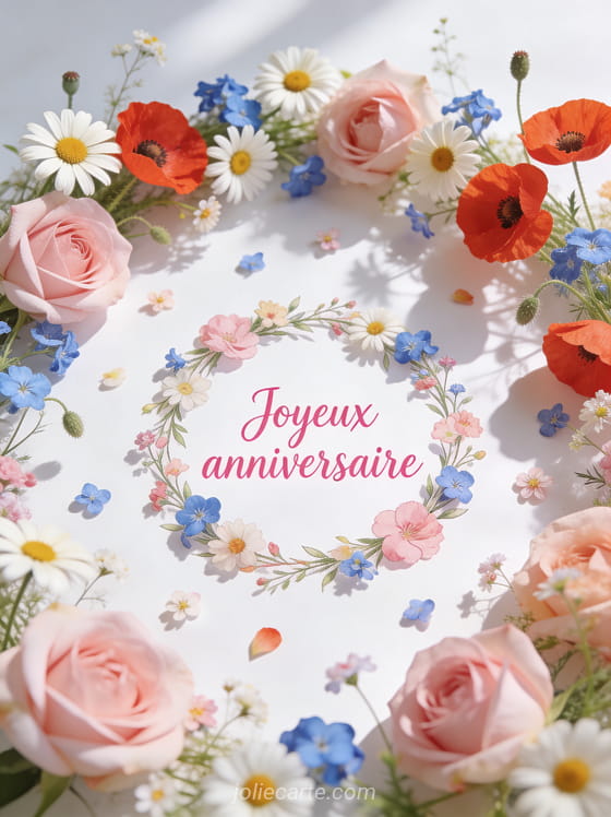 Texte Joyeux anniversaire en lettres cursives roses entouré d'une couronne de marguerites, coquelicots et bleuets