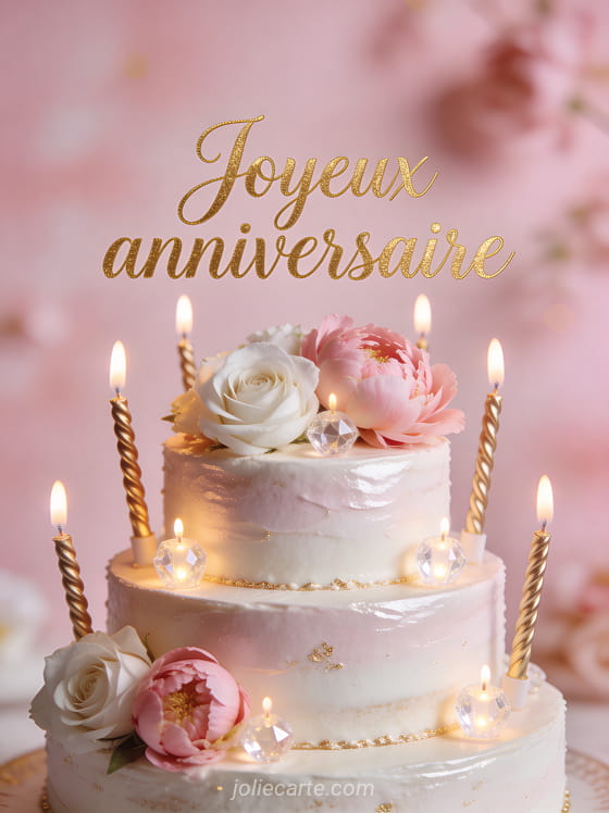 Gâteau d'anniversaire à trois étages décoré de fleurs et bougies avec texte Joyeux anniversaire en calligraphie dorée sur fond rose