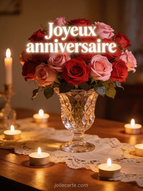 Roses rouges et roses dans un vase en cristal avec bougies et nappe en dentelle, texte Joyeux anniversaire en lettres blanches