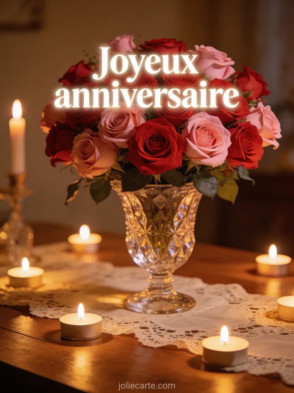 Roses rouges et roses dans un vase en cristal avec bougies et nappe en dentelle, texte Joyeux anniversaire en lettres blanches