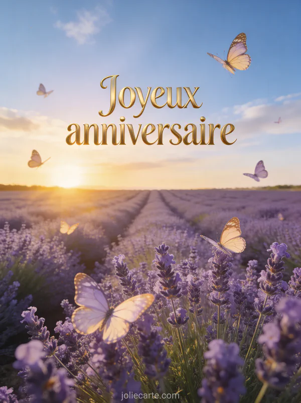 Champ de lavande avec papillons sous un ciel doré au coucher du soleil et texte Joyeux anniversaire en lettres dorées