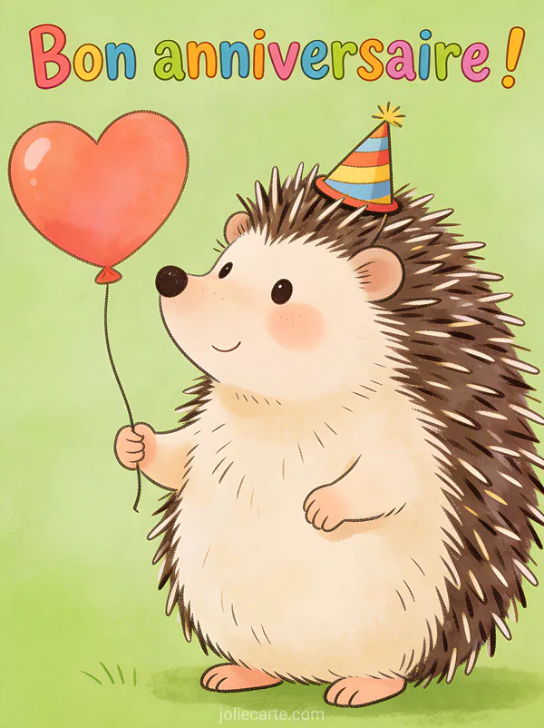 Hérisson avec chapeau de fête tenant un ballon coeur et texte Bon anniversaire en lettres fantaisistes sur fond vert