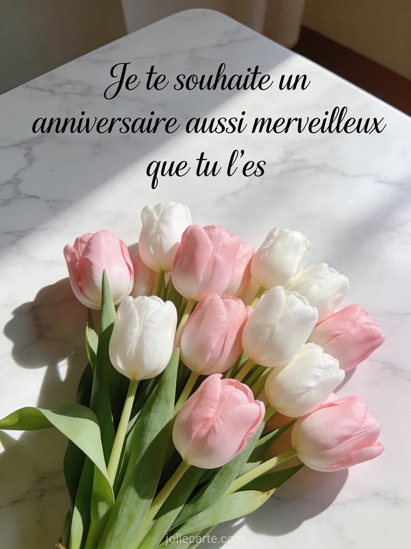 Bouquet de tulipes roses et blanches sur table en marbre avec texte manuscrit en lettres élégantes et lumière douce du matin