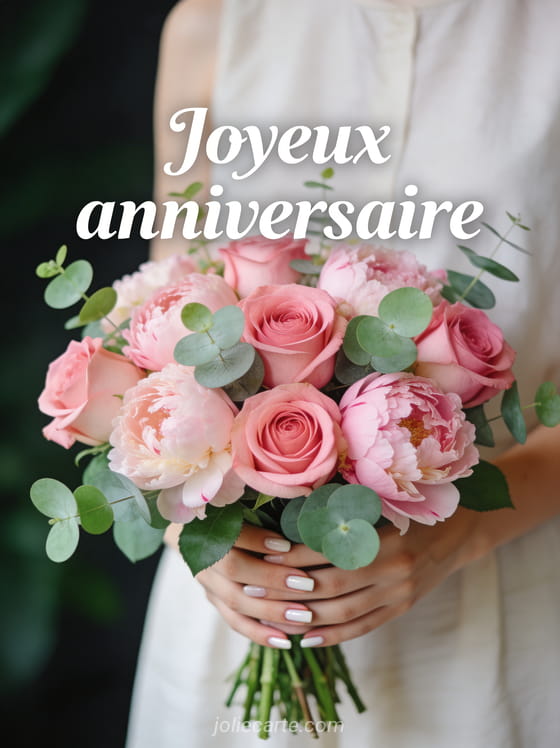 Somptueux bouquet de roses roses, pivoines et eucalyptus tenu en main avec texte Joyeux anniversaire en lettres blanches