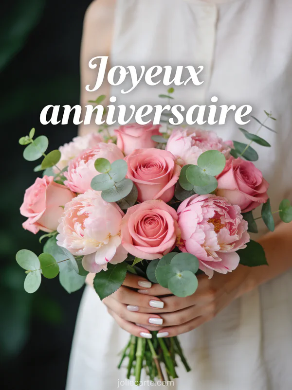 Somptueux bouquet de roses roses, pivoines et eucalyptus tenu en main avec texte Joyeux anniversaire en lettres blanches