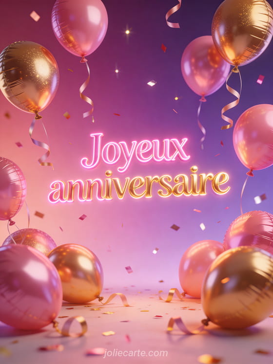 Ballons dorés et roses flottant avec rubans et confettis brillants, texte Joyeux anniversaire en lettres rose et or