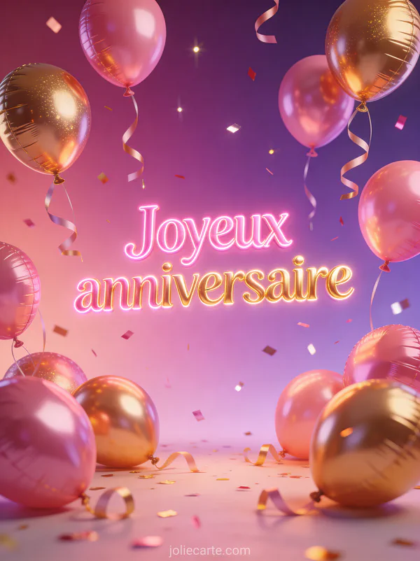 Ballons dorés et roses flottant avec rubans et confettis brillants, texte Joyeux anniversaire en lettres rose et or