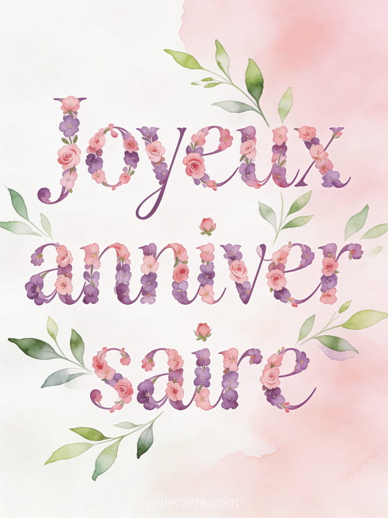 Lettres florales Joyeux anniversaire formées de petites fleurs roses et violettes sur fond aquarelle blanc et rose pâle
