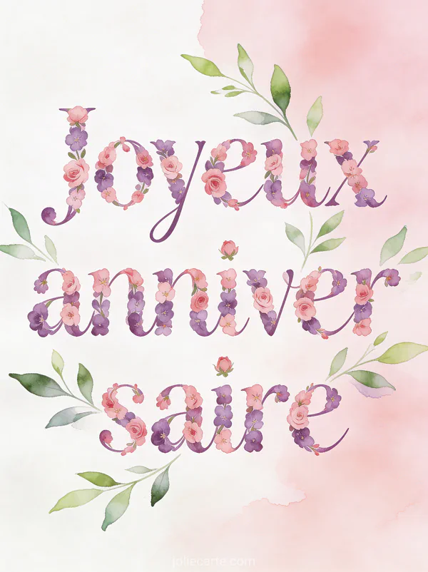Lettres florales Joyeux anniversaire formées de petites fleurs roses et violettes sur fond aquarelle blanc et rose pâle