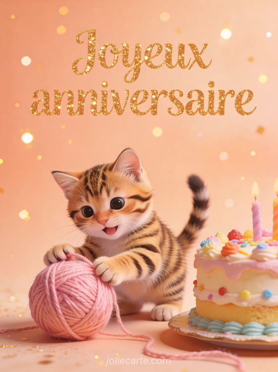 Chaton tigré jouant avec une pelote de laine rose à côté d'un gâteau d'anniversaire avec texte Joyeux anniversaire en lettres dorées