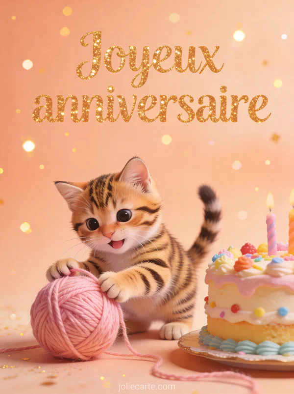 Chaton tigré jouant avec une pelote de laine rose à côté d'un gâteau d'anniversaire avec texte Joyeux anniversaire en lettres dorées
